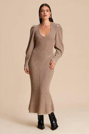 Knitted. Midi dress. Long dress. Visible stitches at the bust. Knitted. Beige. Puffy Arms. Knitted Dress. thumbnail image