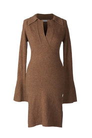 Short dress. Brown Dress. Midi-dress. Collar. Brown. Long sleeves. Knitted dress. V-necked. Springdress. thumbnail image